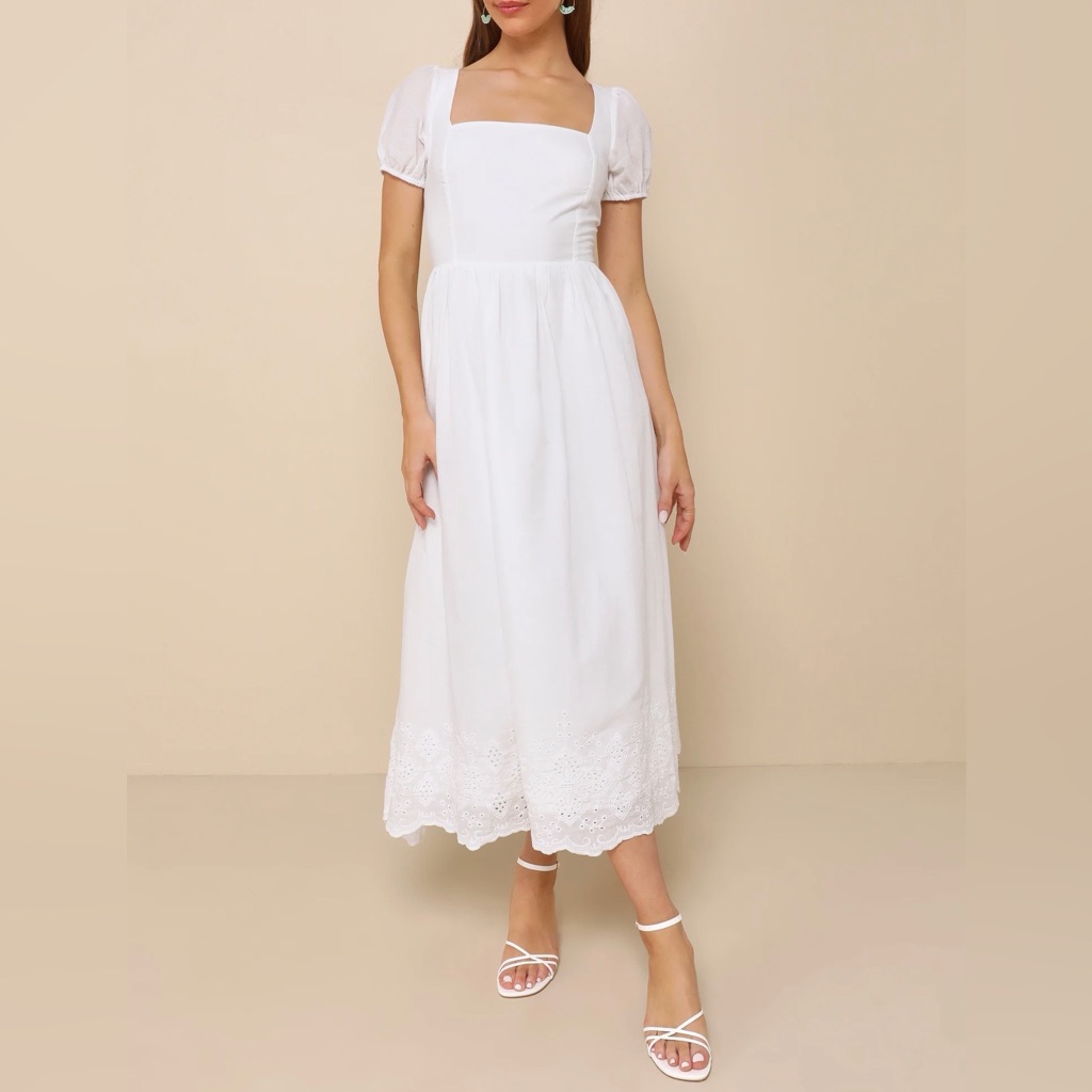 Lulus Nwt “Stylish Merriment” White Puff Sleeve Embroidered Midi Dress. Size Xl.